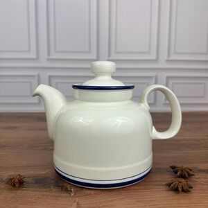 Vintage Kilkenny "Made in Ireland" White Stoneware Teapot 1970's Blue Banded